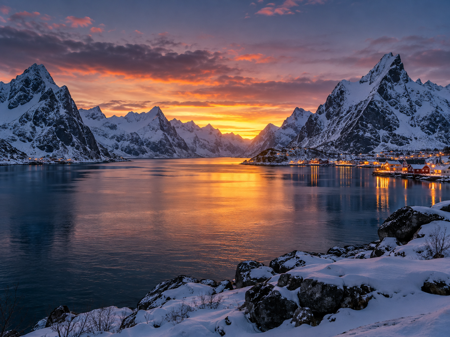 Goldene Dämmerung über einem verschneiten Fjord